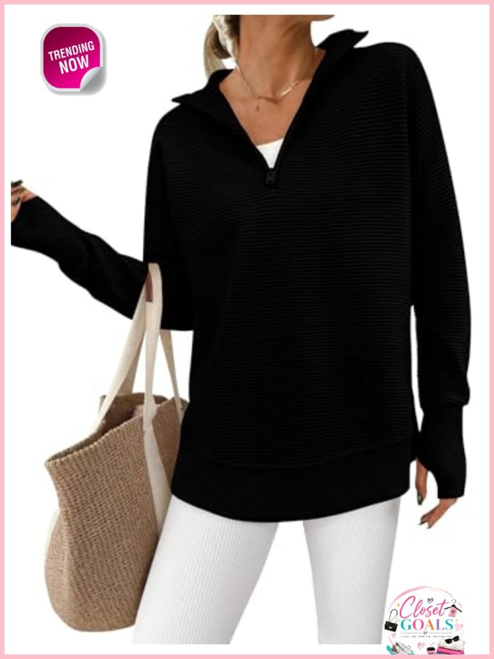 Women's Quarter Zip Long Sleeve Pullover Sweater - V Neck Ribbed Knit, Loose